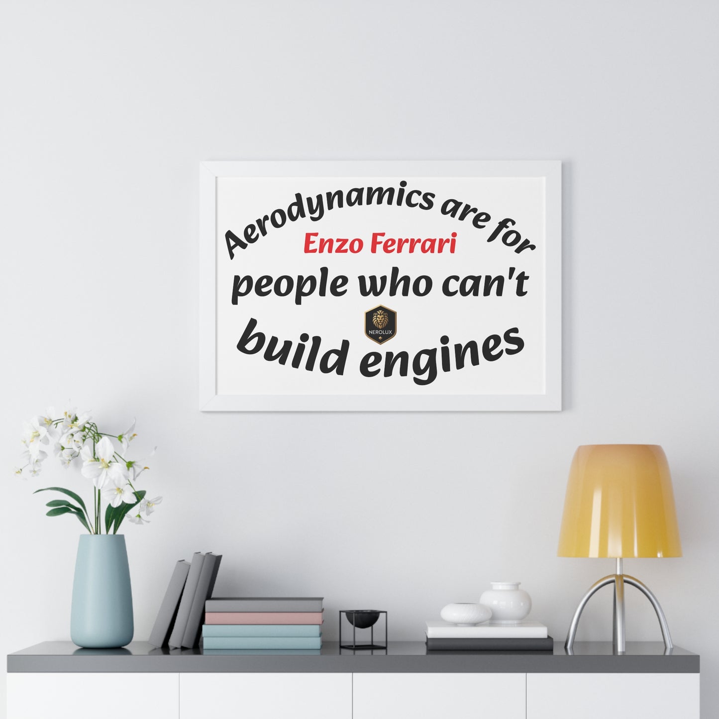Framed Horizontal Poster: Enzo Ferrari Quote Art, Motivational Wall Decor, Gift for Engineers, Car Enthusiasts, Unique Home Decor