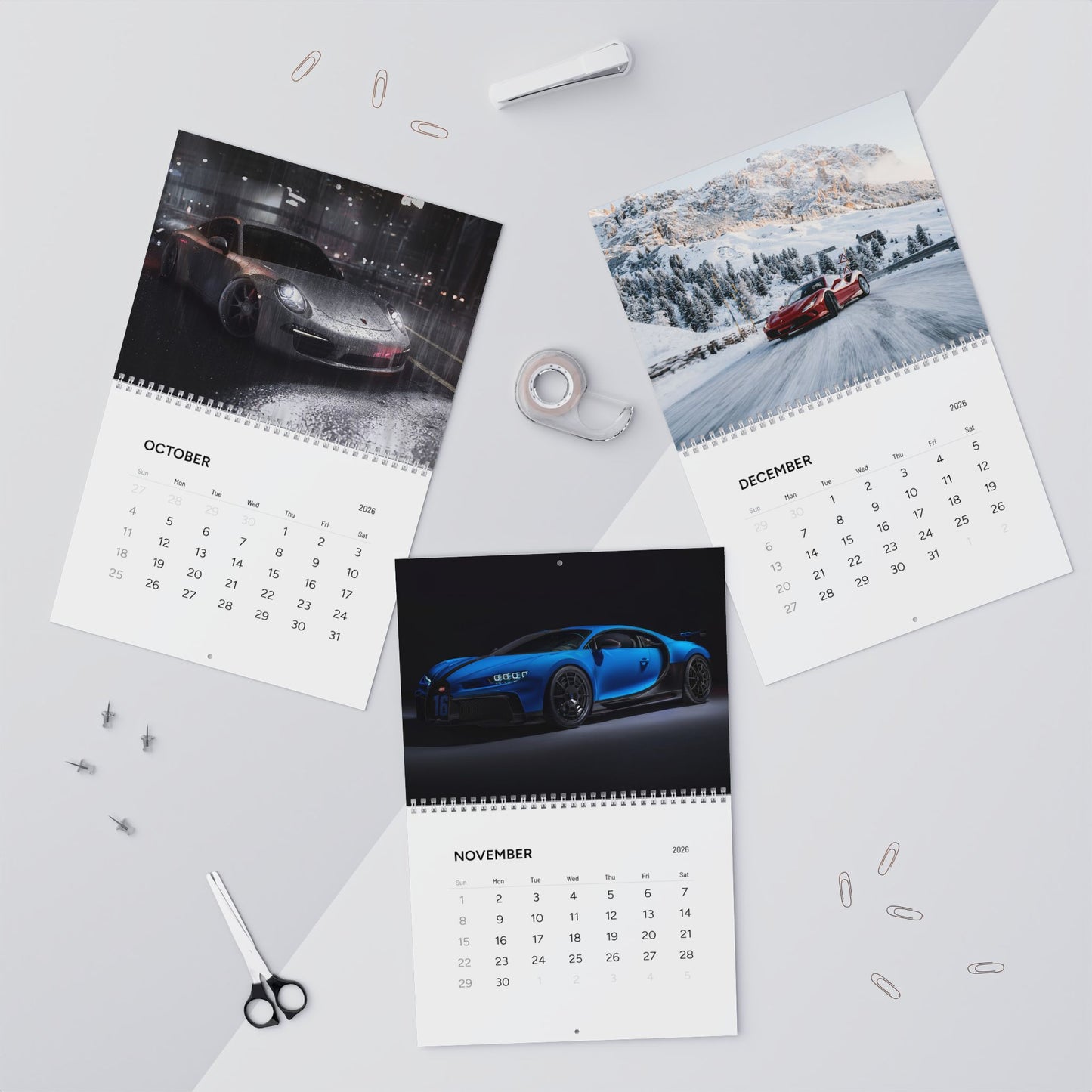 Calendar with car-themed pages 2026