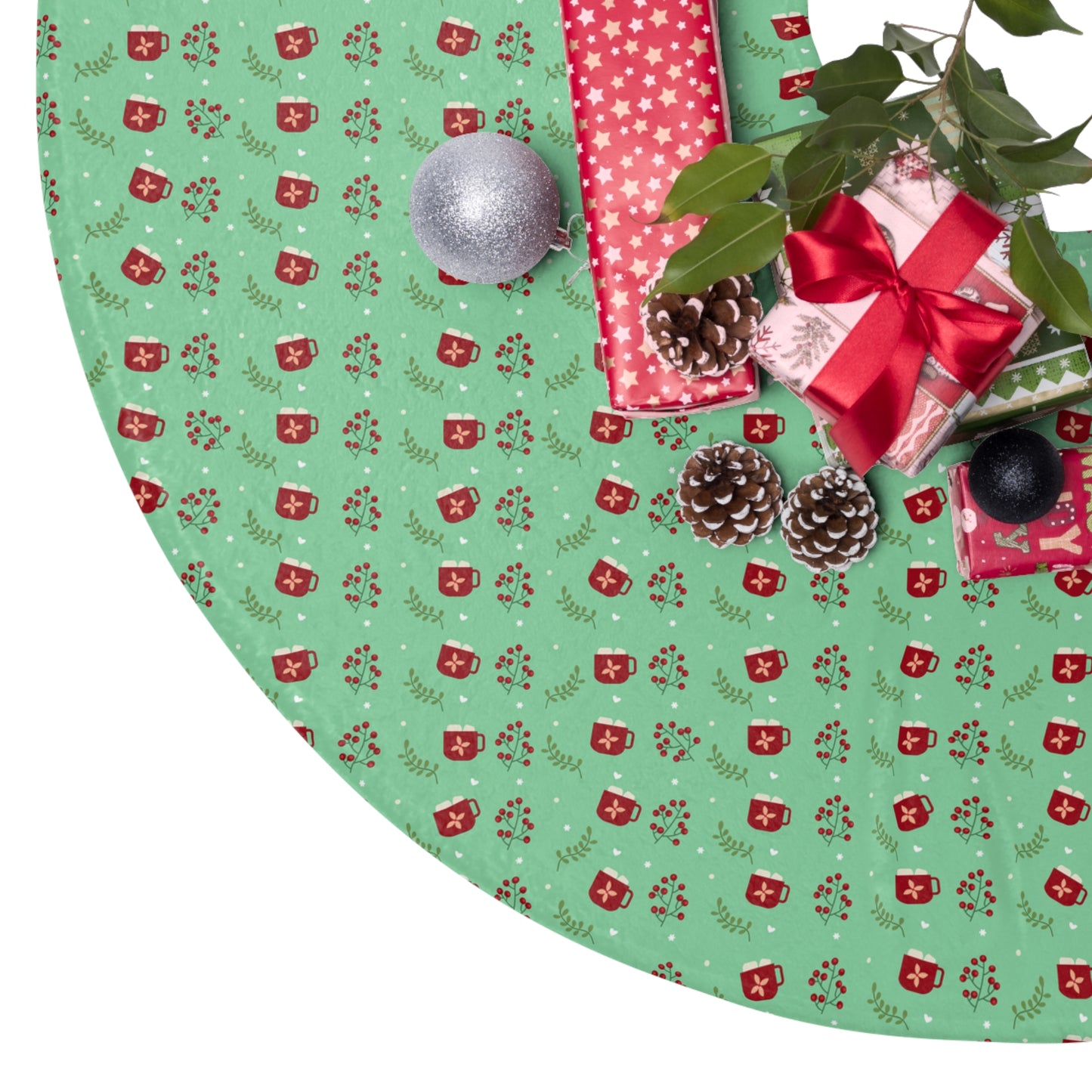 Christmas Tree Skirt – Retro Green Pattern with Tiny Ornaments (Holiday & Gift Wrap Accent)