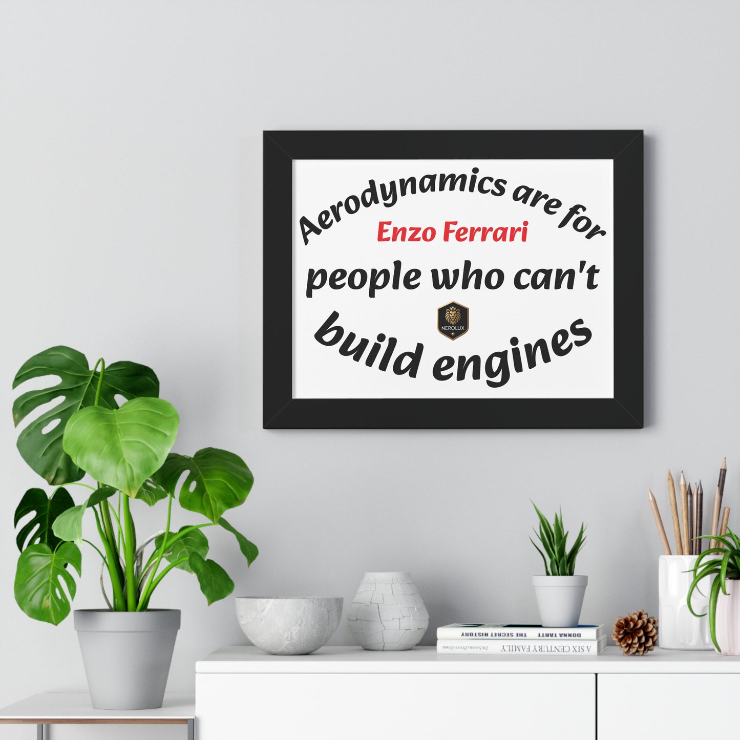 Framed Horizontal Poster: Enzo Ferrari Quote Art, Motivational Wall Decor, Gift for Engineers, Car Enthusiasts, Unique Home Decor