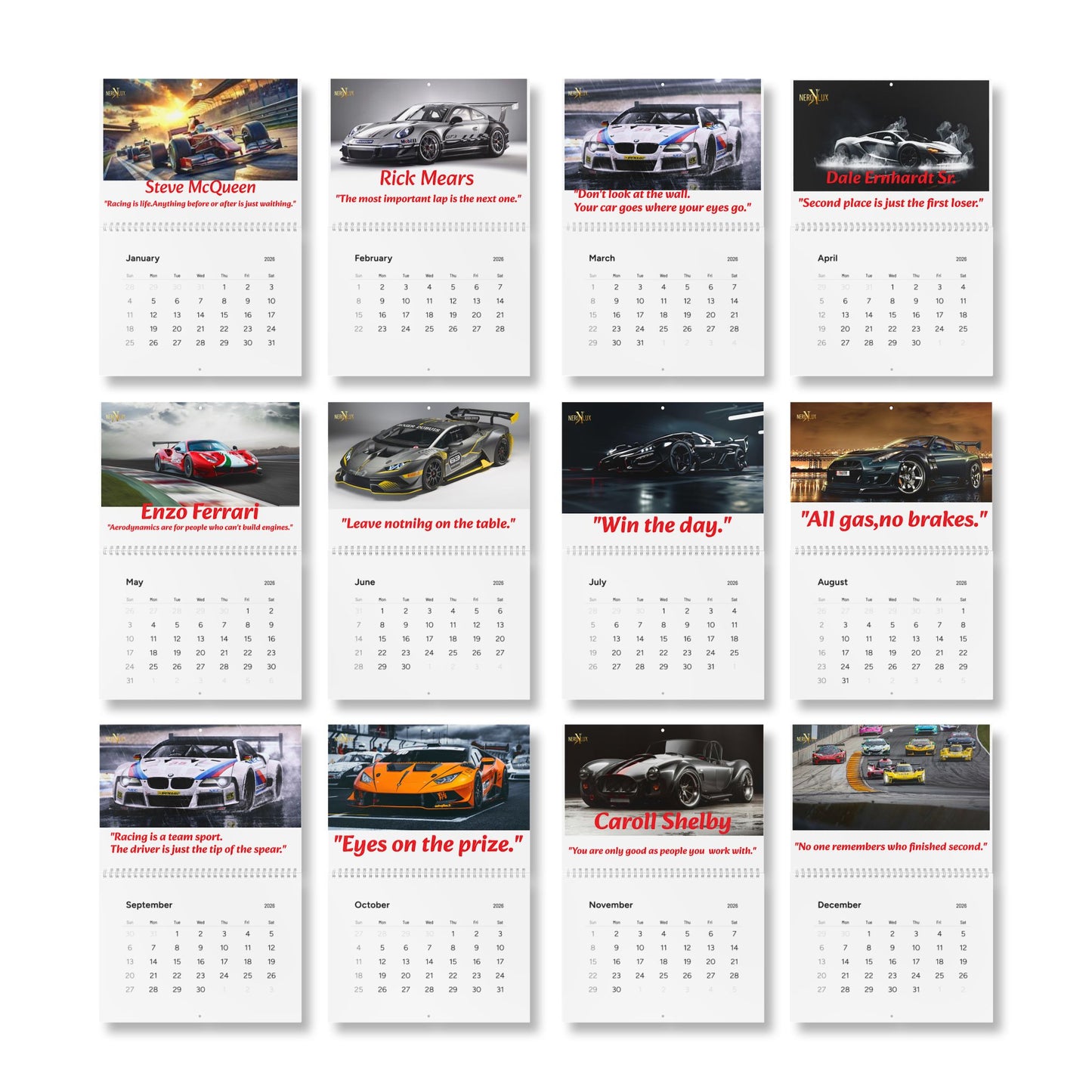 Wall Calendar, 2026 Race Car Calendar with Motivational Quotes, Track Racing Calendar, Auto Racing Planner, Sports Calendar, Automotive Art