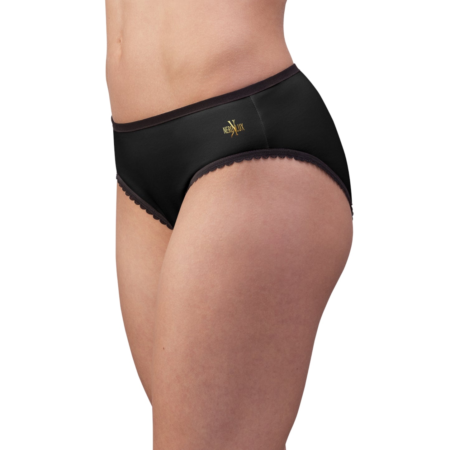 Black underwear with a brand logo on a white background