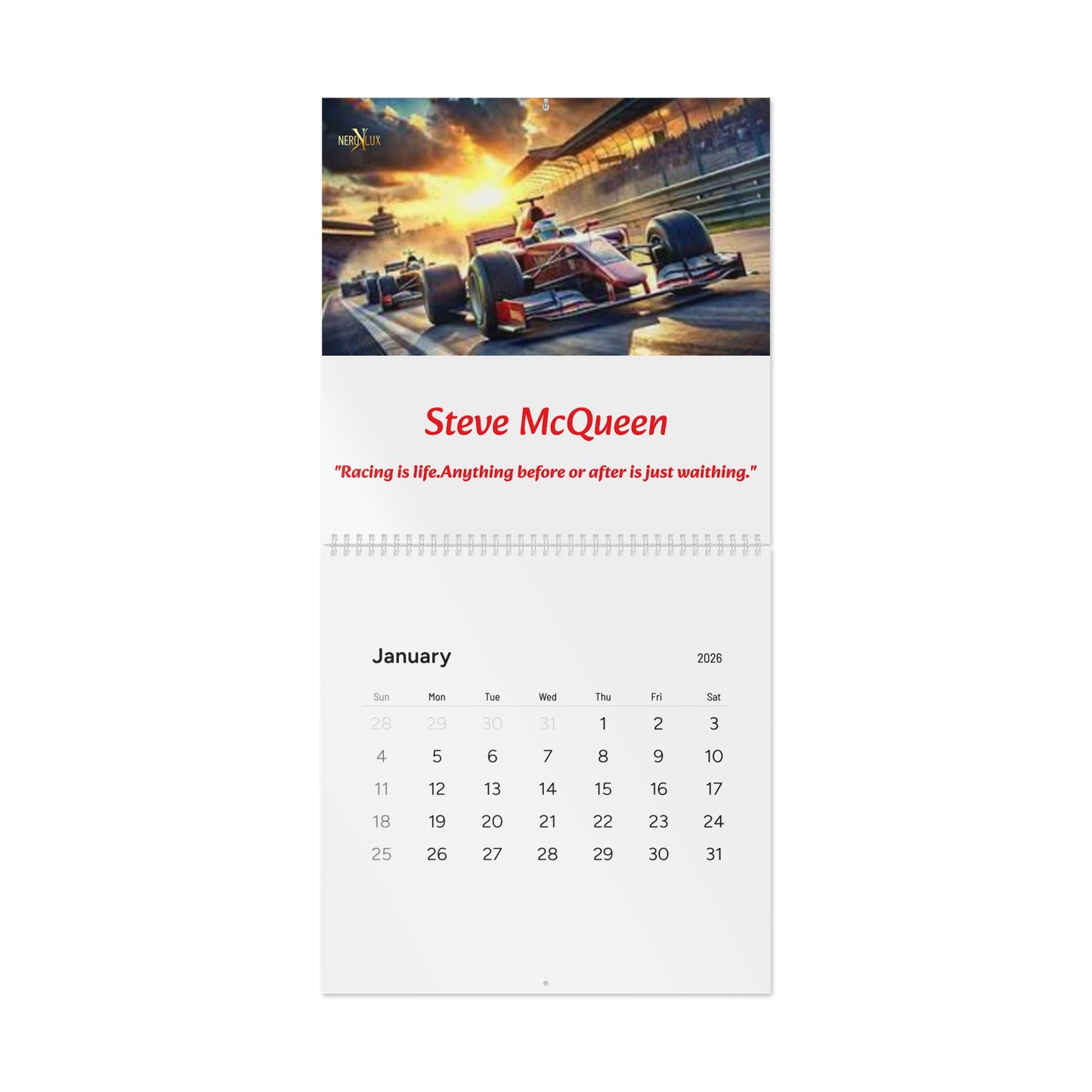 Wall Calendar, 2026 Race Car Calendar with Motivational Quotes, Track Racing Calendar, Auto Racing Planner, Sports Calendar, Automotive Art