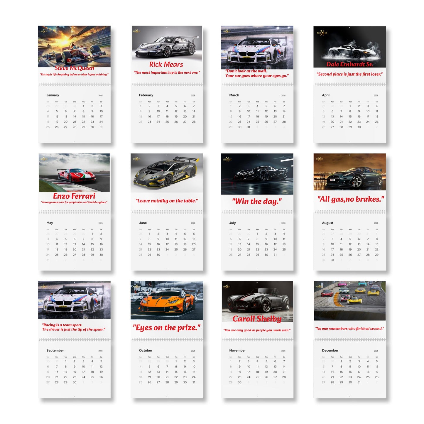 Wall Calendar, 2026 Race Car Calendar with Motivational Quotes, Track Racing Calendar, Auto Racing Planner, Sports Calendar, Automotive Art
