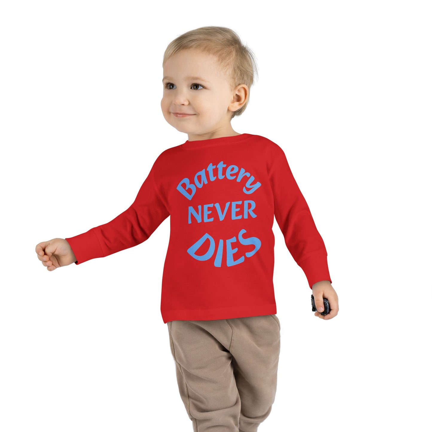 Toddler Long Sleeve Tee - "Battery Never Dies" Cute Shirt for Kids, Motivational Gift, Birthday, Everyday Wear, Playtime Apparel, Unisex Top
