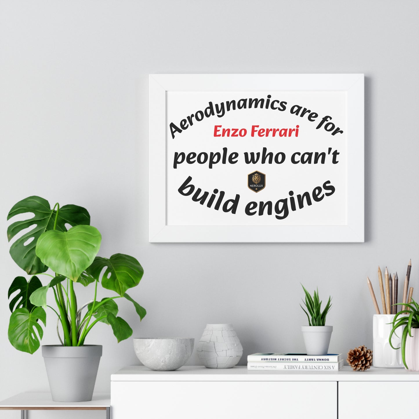 Framed Horizontal Poster: Enzo Ferrari Quote Art, Motivational Wall Decor, Gift for Engineers, Car Enthusiasts, Unique Home Decor