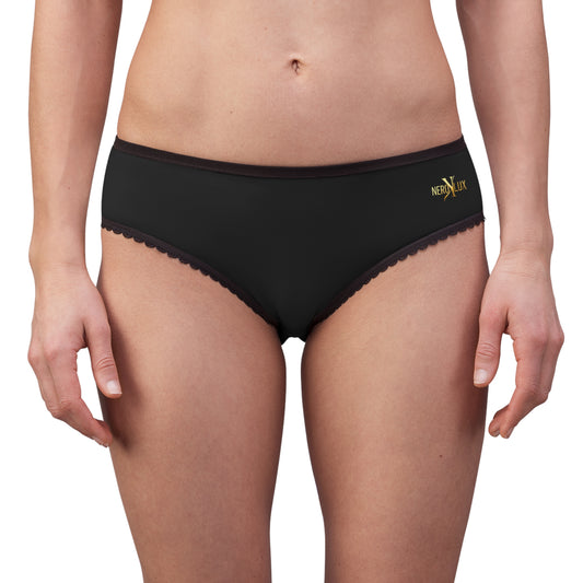 Black underwear with lace trim featuring a brand logo on a white background