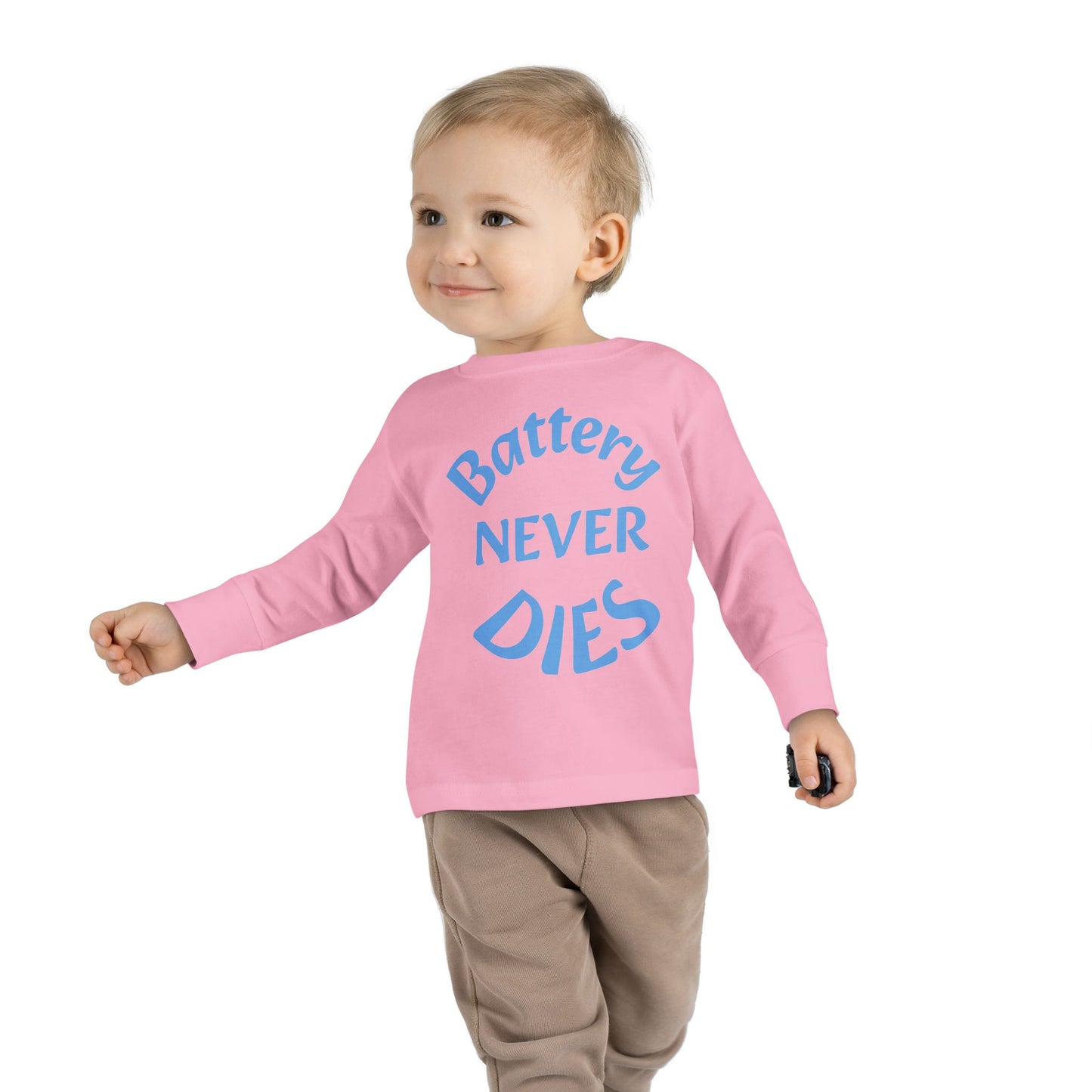 Toddler Long Sleeve Tee - "Battery Never Dies" Cute Shirt for Kids, Motivational Gift, Birthday, Everyday Wear, Playtime Apparel, Unisex Top