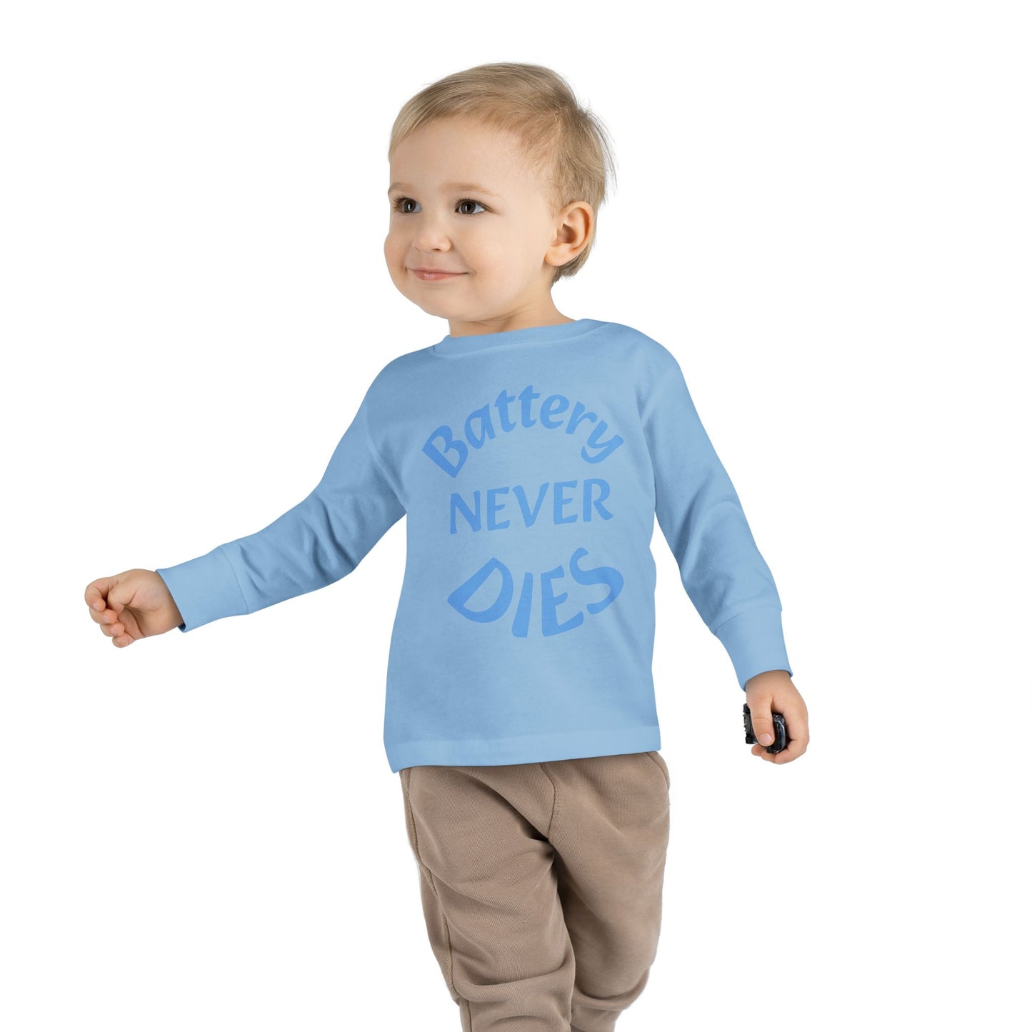 Toddler Long Sleeve Tee - "Battery Never Dies" Cute Shirt for Kids, Motivational Gift, Birthday, Everyday Wear, Playtime Apparel, Unisex Top