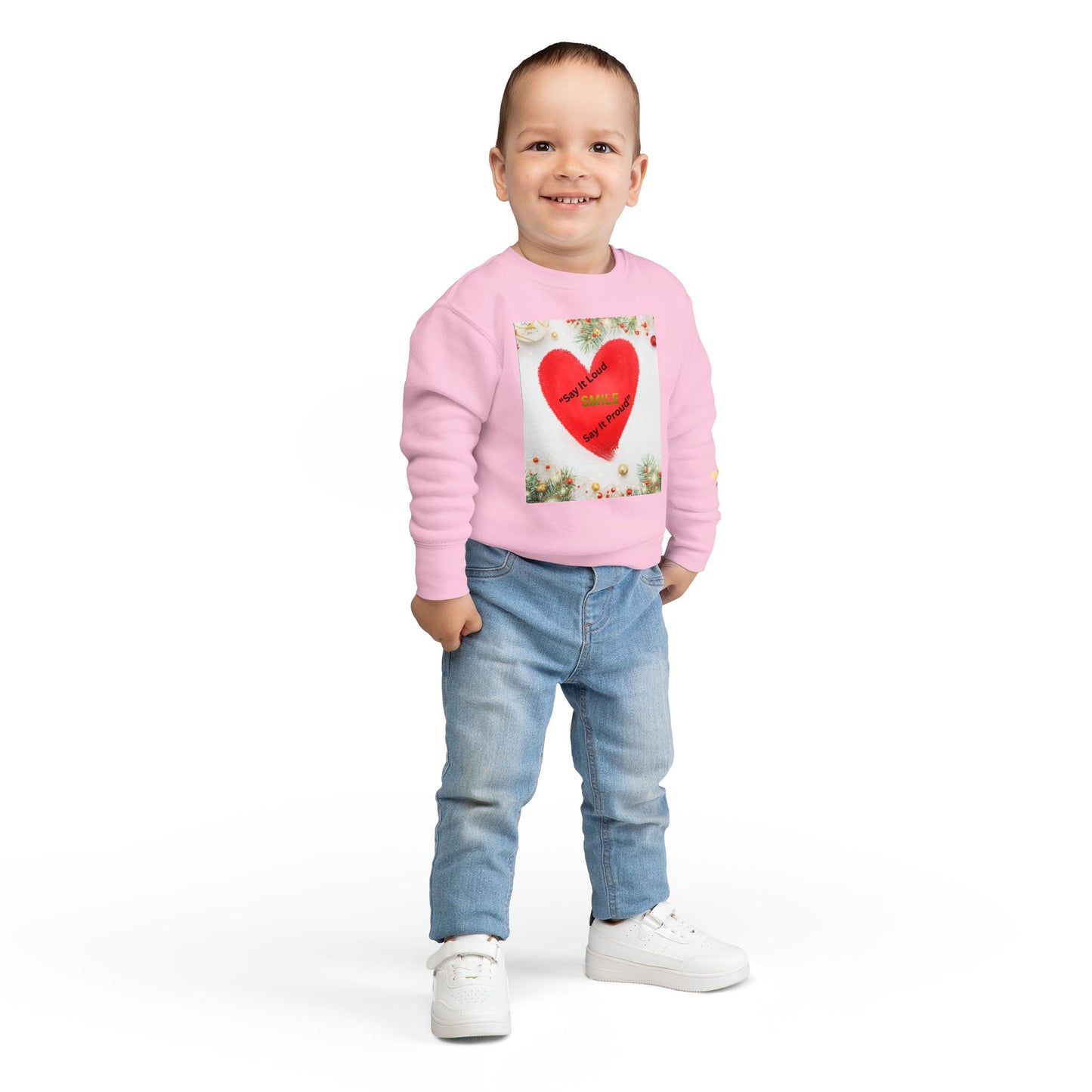 Toddler Sweatshirt – Red Heart “Say It Loud, Smile Say It Proud” Holiday Pullover