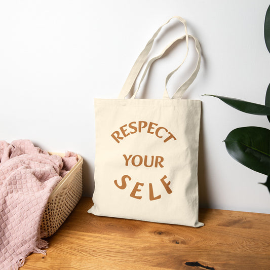 Beige tote bag with 'Respect Your Self' -quote