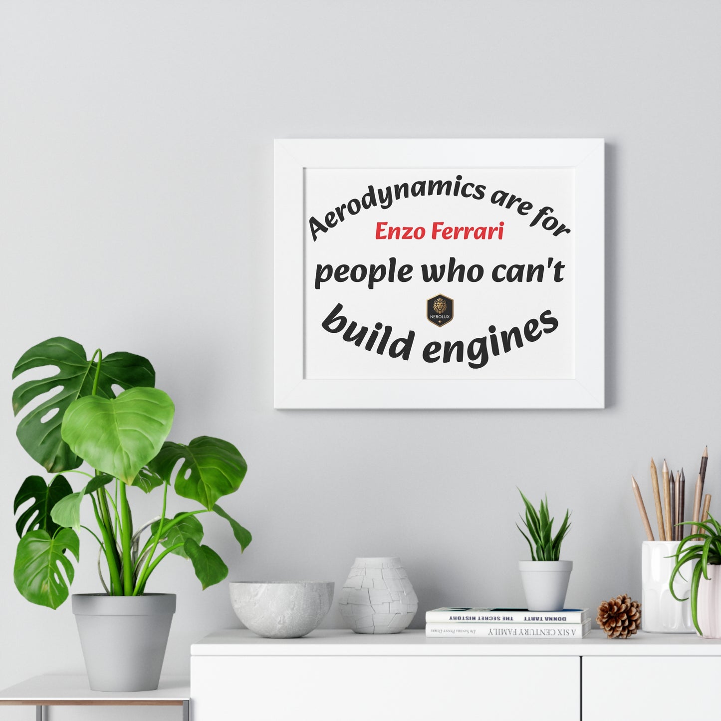 Framed Horizontal Poster: Enzo Ferrari Quote Art, Motivational Wall Decor, Gift for Engineers, Car Enthusiasts, Unique Home Decor
