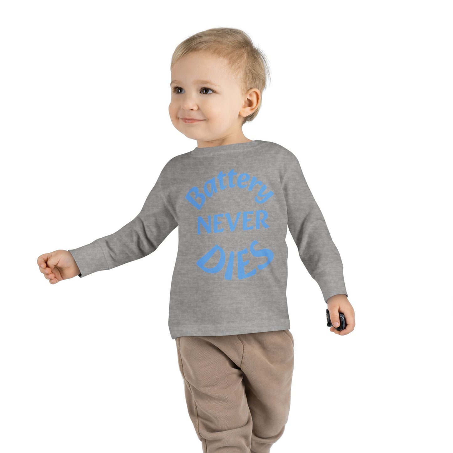 Toddler Long Sleeve Tee - "Battery Never Dies" Cute Shirt for Kids, Motivational Gift, Birthday, Everyday Wear, Playtime Apparel, Unisex Top