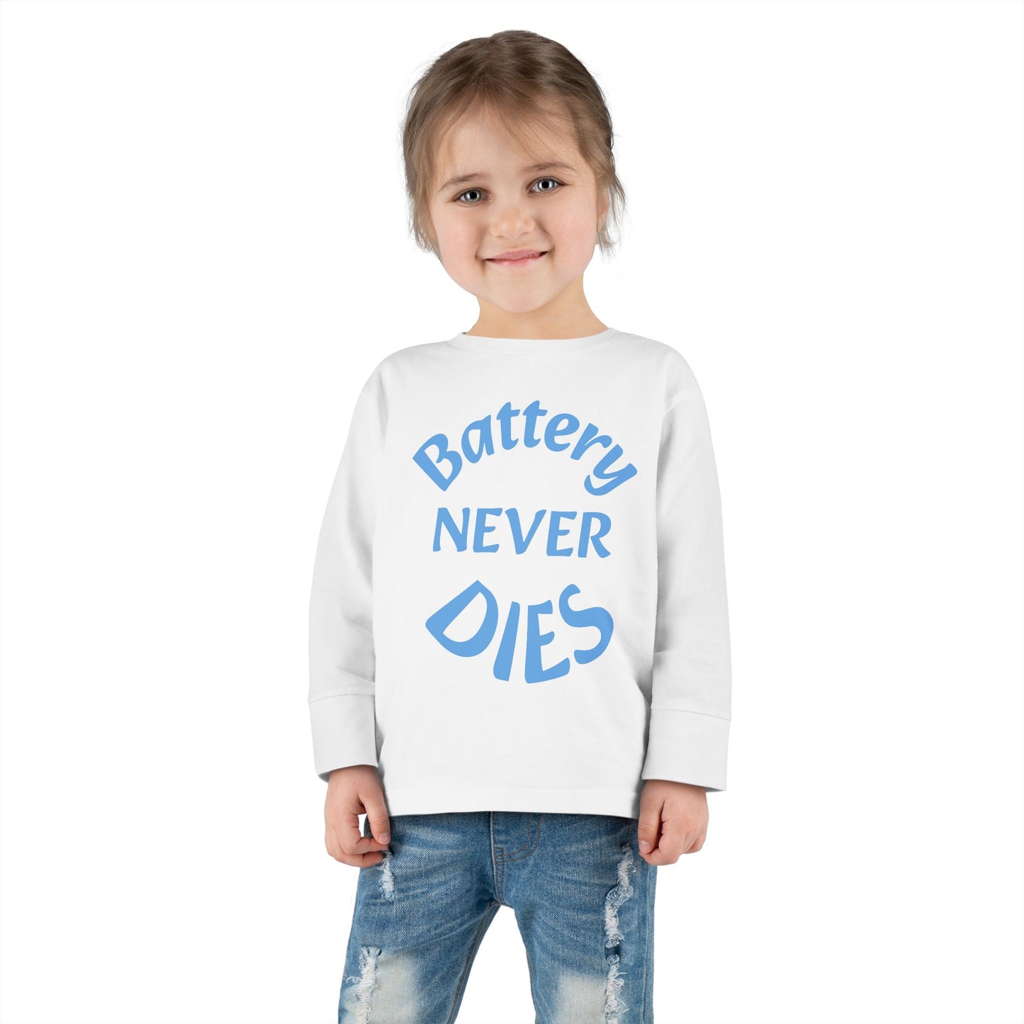 Toddler Long Sleeve Tee - "Battery Never Dies" Cute Shirt for Kids, Motivational Gift, Birthday, Everyday Wear, Playtime Apparel, Unisex Top