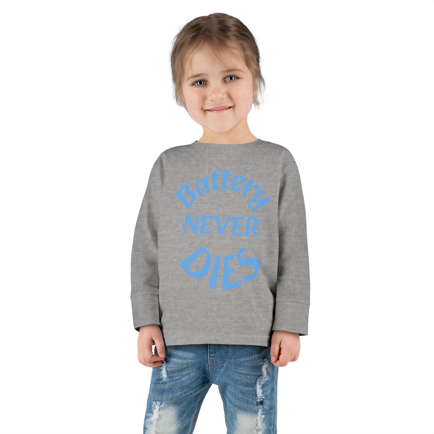 Toddler Long Sleeve Tee - "Battery Never Dies" Cute Shirt for Kids, Motivational Gift, Birthday, Everyday Wear, Playtime Apparel, Unisex Top