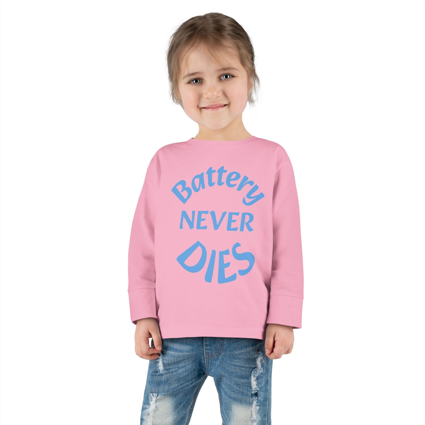 Toddler Long Sleeve Tee - "Battery Never Dies" Cute Shirt for Kids, Motivational Gift, Birthday, Everyday Wear, Playtime Apparel, Unisex Top