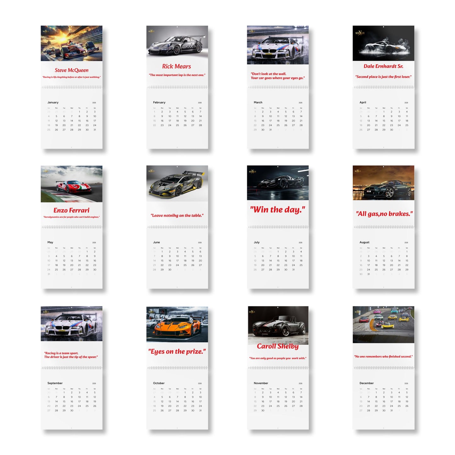 Wall Calendar, 2026 Race Car Calendar with Motivational Quotes, Track Racing Calendar, Auto Racing Planner, Sports Calendar, Automotive Art