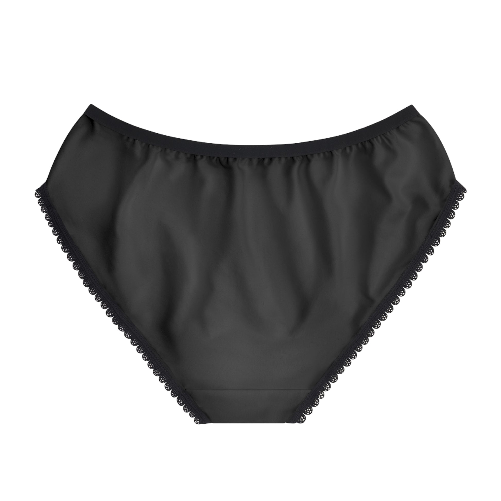 Black high-waisted bikini bottom with lace trim on a white background