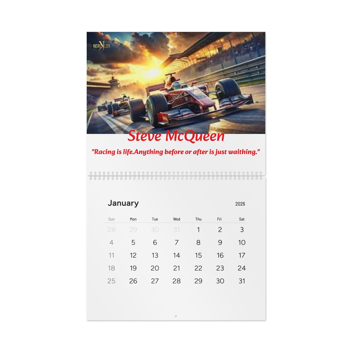 Wall Calendar, 2026 Race Car Calendar with Motivational Quotes, Track Racing Calendar, Auto Racing Planner, Sports Calendar, Automotive Art