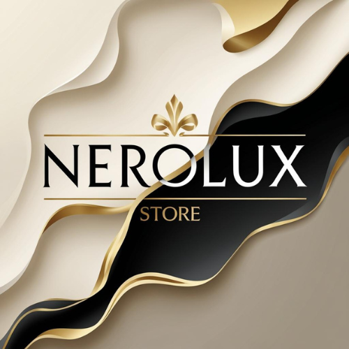 Nerolux Store logo with wavy design elements on a beige background